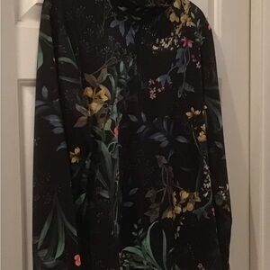 Chico’s Flower Mock Zip Top Black/Floral Long Sleeve Size 2 (US 12)